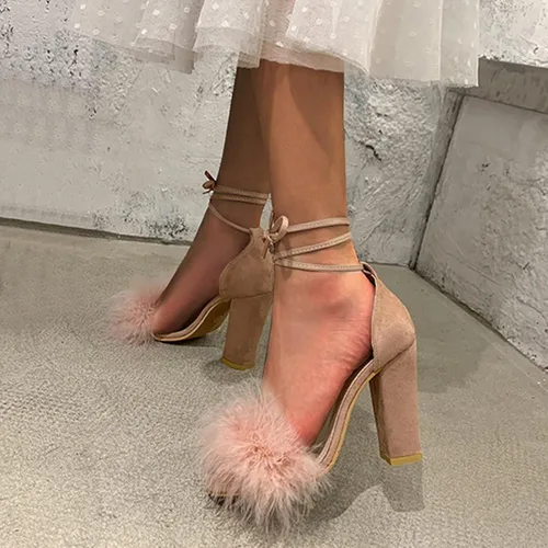 Miniatura 4 de ZiSUGP Sandalias de tacón alto con pompones y tacón ancho para mujer