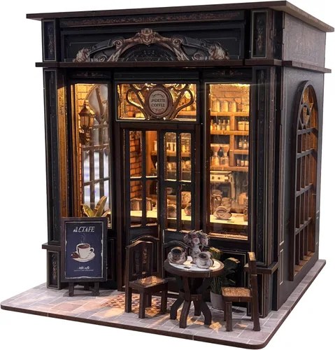Kit de rincón de libros para cafetería, kit de casa en miniatura con luz LED para adultos y adolescentes, rompecabezas de madera 3D, rincón de