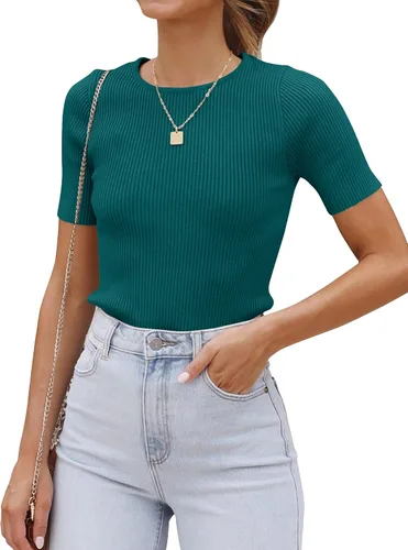ZESICA Camiseta de manga corta con cuello redondo y punto acanalado para mujer, ajustada, camiseta básica de verano 2023 de color sólido