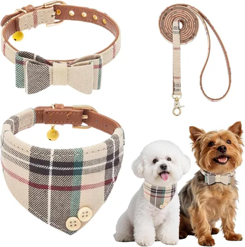 Miniatura 9 de BINGPET Juego de collar y correa para perros pequeños, collar y correa ajustable a cuadros para perros machos y hembras, bonito juego de collar Azul