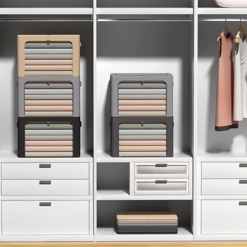 Miniatura 7 de Paquete de 3 cajas de almacenamiento con marco, bolsas de almacenamiento de ropa, tela Oxford, plegable, apilable, juego organizador con ventana