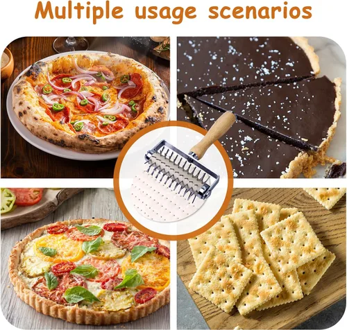 Miniatura 3 de Docker de pizza de acero inoxidable, Docker de masa de pizza con mango de madera, rodillo de pizza con púas, Docker de rodillo, perforador