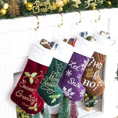 Miniatura 15 de GEX Medias de Navidad Paquete de 6 para Familia 20" Grandes Lentejuelas Doradas de Seda con Suave Piel Sintética Bordada Decoraciones Clásicas