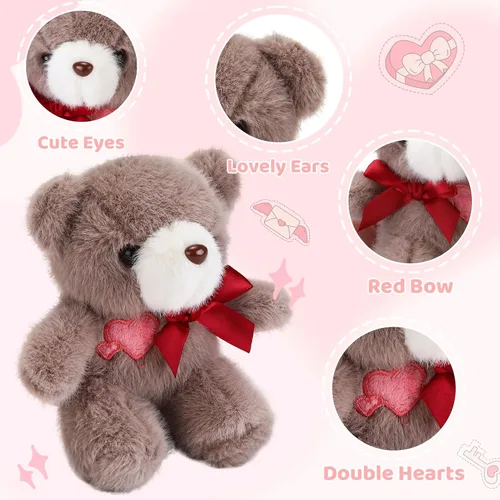 Miniatura 6 de Oso de peluche de 11.9 cm con corazón y corbata de lazo bordada, oso de peluche rosa en forma de corazón para novia, novio (marrón)