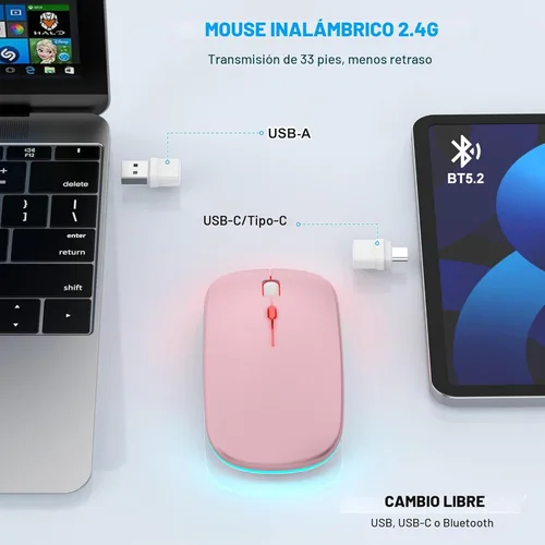 Miniatura 3 de Mouse inalámbrico LED Bluetooth para MacBook Air Mac Pro Laptop iPad – Ratón óptico recargable con luz silenciosa con Jiggler Dual Mode BT5.2 y Rosa
