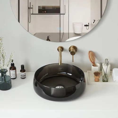 Miniatura 3 de Cpingao Fregadero de baño redondo de resina de piedra transparente de 17.7 pulgadas, lavabo sobre encimera con drenaje desplegable (negro)