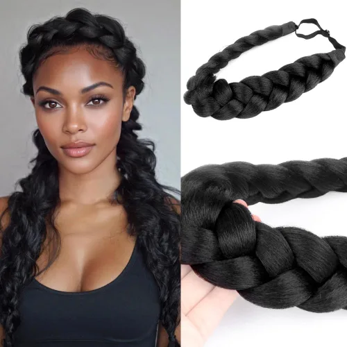 Miniatura 7 de Diadema de pelo sintético grueso, lanudo y esponjoso de 2 hebras de cabello trenzado, trenzado grueso, extensión elástica para mujeres y niñas