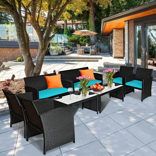 Miniatura 4 de Tangkula Juego de muebles de mimbre para patio de 4 piezas, juego de sofá y mesa Patiojoy con 4 asientos, juego de sofá de ratán al aire libre