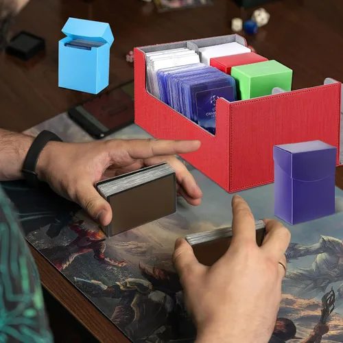 Miniatura 6 de Yexiya 7 cajas de cartas de cubierta, 1 funda de almacenamiento de cuero con 6 cajas de almacenamiento de plástico para jugar Mtg Tcg (rojo, gris)