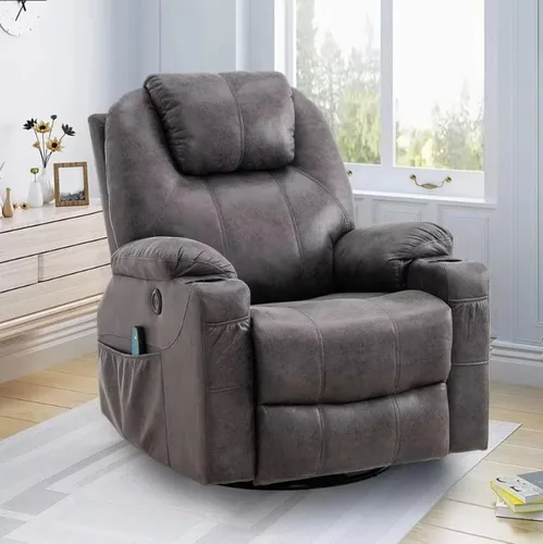 Silla reclinable de masaje para adultos, silla reclinable eléctrica para ancianos, silla reclinable giratoria de 360° con bolsillos, portavasos y