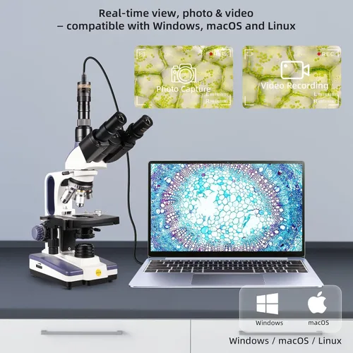 Miniatura 4 de SWIFT Microscopio compuesto trinocular SW350T, aumento 40X-2500X, cabeza de Siedentopf, grado de investigación, etapa mecánica de dos capas, cámara