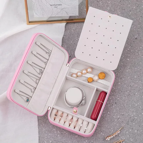 Miniatura 6 de SANQIANWAN Pequeña caja organizadora de viaje de joyería con estuche portátil de piel sintética para collares anillos aretes regalos para novia