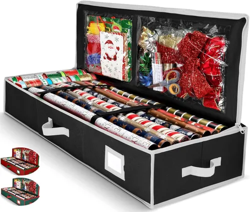 Organizador de papel de regalo de alta calidad, soporte para papel de regalo con bolsillos adicionales para decoraciones navideñas, asas reforzadas,