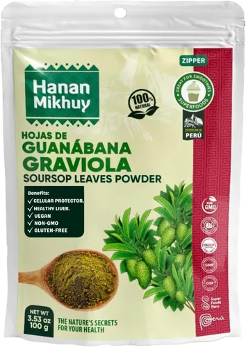 HANAN MIKHUY Hojas de Guanábana 3.53 oz - Polvo de hoja de guanábana 100% natural de graviola para protección hepática, vitalidad y bienestar