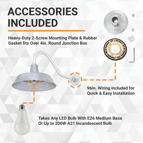 Miniatura 3 de 14 pulgadas. RLM Warehouse - Pantalla con brazo de cuello de cisne y bombilla Led A19 5000K de 9W Galvanizado (paquete de 1)