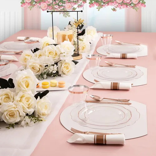 Miniatura 6 de NOCCUR 350 platos de plástico color oro rosa, juego de vajilla desechable de oro rosa transparente, incluye 100 platos de cena/postre, 50 tazas, 50