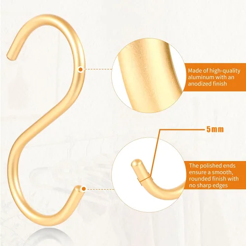 Miniatura 3 de SIAMESE Ganchos en S de aluminio, paquete de 10 unidades de tamaño mediano en color dorado para colgar plantas, jeans, tazas en armario, cocina