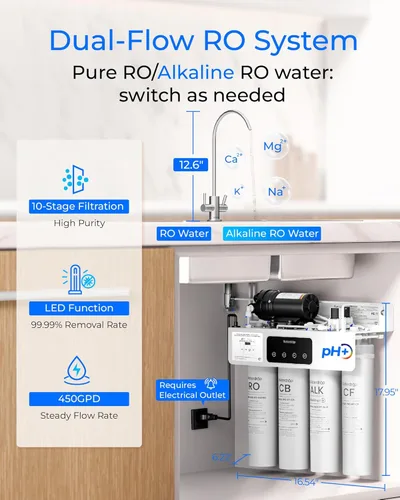 Miniatura 2 de Waterdrop Filtro de agua de ósmosis inversa alcalino T4-A pH +, doble flujo, certificado NSF/ANSI 372, 10 etapas, sistema de filtración de ósmosis