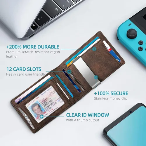 Miniatura 108 de Zitahli - Billetera delgada con 12 ranuras para tarjetas, ventana de identificación con clip para dinero, bolsillo frontal RFID plegable, pequeña