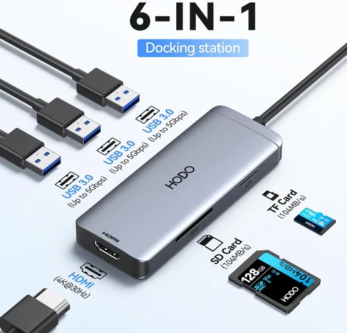 Miniatura 2 de Adaptador multipuerto USB-C para MacBook Air/Pro - Dongle HDMI 6 en 1 con puertos 4K, USB 3.0, lector de tarjetas SD/TF para MacBook M1/m2/m3/m4