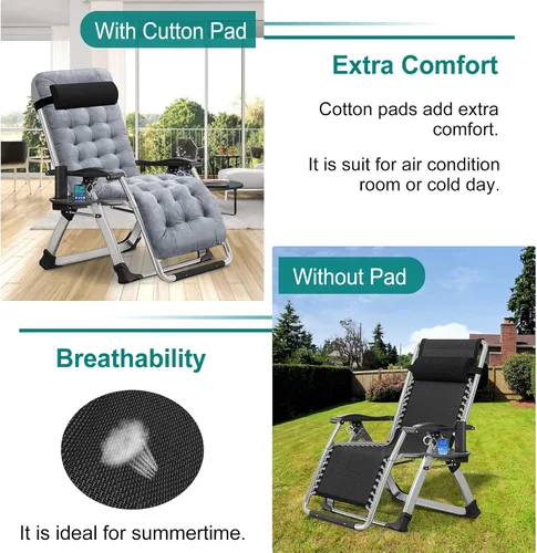 Miniatura 6 de DoCred Silla de gravedad cero, sillón reclinable de césped, tumbona reclinable para patio, tumbona plegable portátil con cojín suave desmontable