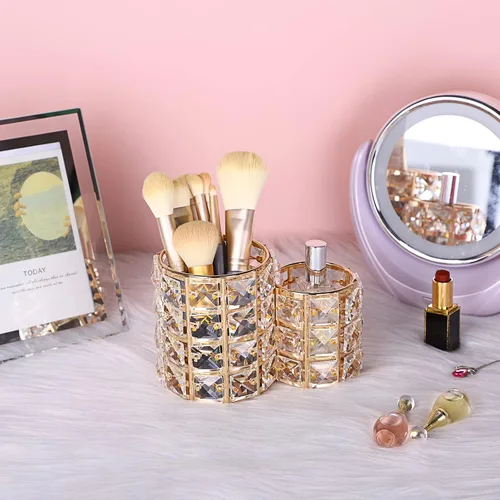Miniatura 2 de Hipiwe Soporte para brochas de maquillaje, organizador de brochas de maquillaje de cristal dorado brillante, soporte redondo para control remoto