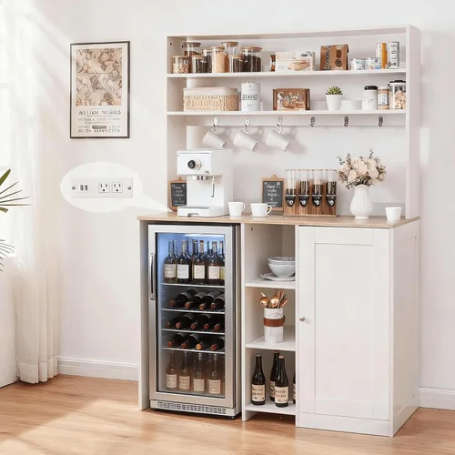 Miniatura 10 de Mini gabinete de nevera con almacenamiento, gabinete de barra de café con espacio para refrigerador pequeño y toma de corriente, gabinete de bar
