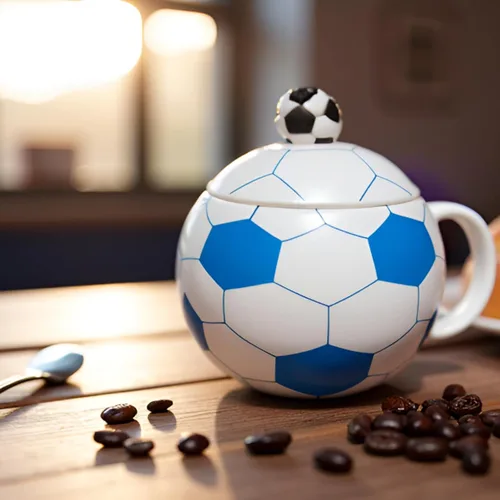 Miniatura 3 de Taza de fútbol de cerámica de 13.5 onzas, tazas de fútbol para té caliente, capuchino, moca, cacao, blanco para el día de Navidad (azul)