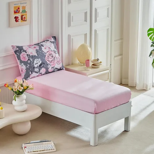 Miniatura 7 de Juego de ropa de cama gris de 4 piezas para niños y niñas, flores rosas ultra suaves con hojas blancas en una bolsa, juego de edredón, sábana