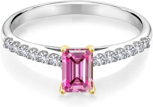 Miniatura 2 de Gem Stone King Anillo de plata de ley 925 con puntas de oro amarillo de 10 quilates, moissanita creada octagonal rosa y zafiro blanco creado
