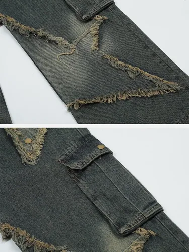 Miniatura 5 de Harajuku Hip Hop - Pantalones de mezclilla para hombre, ropa urbana, diseño de llama, cruz, bloque de color, pantalones casuales, pantalones