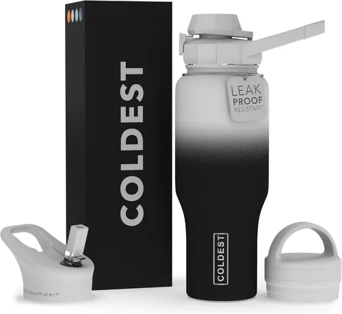 Miniatura 7 de Botella de agua deportiva más fría - Tapas 3 en 1 (Trago, Pajita, Asa) - Vaso aislado de acero inoxidable con asa - Taza de agua al vacío, regalos
