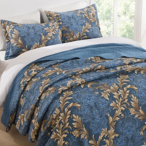 Miniatura 2 de Juego de edredón Queen 100% algodón – Colcha floral de damasco azul, juego de ropa de cama reversible de estilo europeo clásico de 3 piezas, ligero