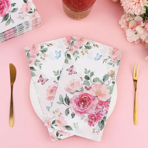 Miniatura 3 de Servilletas de papel florales para platos, 60 servilletas desechables largas para decoración de fiesta, boda, cumpleaños, baño (rosa)