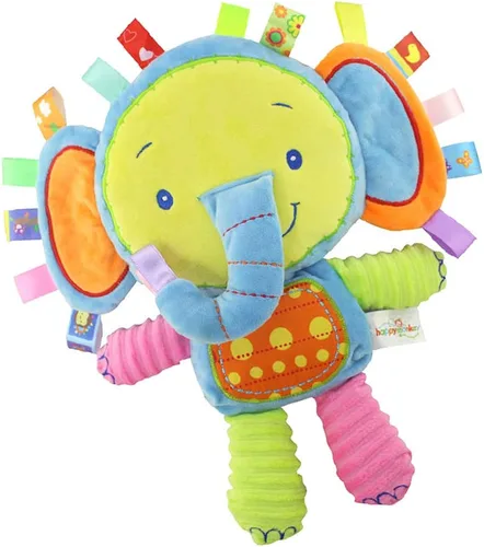 Taggie - Manta de seguridad para bebé, juguete de peluche de elefante, etiqueta sensorial de felpa para bebé con cintas y sonajero, niño pequeño,