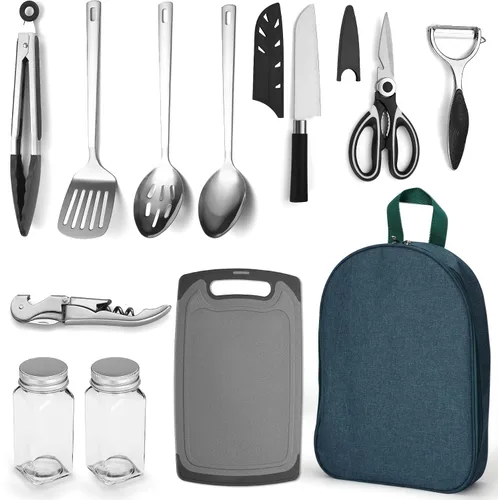 Evanda Juego de utensilios de cocina de 10 piezas, acero inoxidable para cocinar y asar al aire libre, juego de viaje perfecto para viajes, camping,