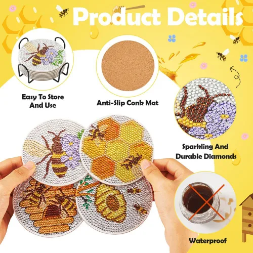 Miniatura 3 de FASHEWELRY 8 posavasos de arte de diamante con soporte para abejas, kit de posavasos de pintura de diamantes para bebidas, kits de arte de diamantes