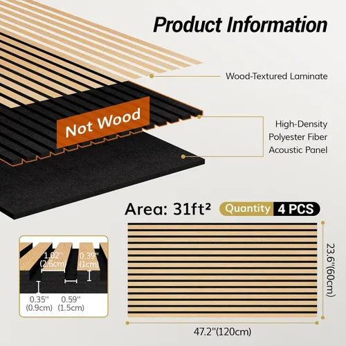 Miniatura 2 de TONOR Paquete de 4 paneles de pared de chapa de madera acústica, panel autoadhesivo 3D de 47.2 x 23.6 x 0.74 pulgadas, azulejos insonorizados