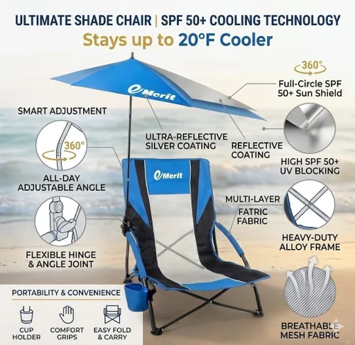 Miniatura 4 de EMERIT Sillas de playa bajas para adultos con paraguas extraíble UPF 50+, mochila plegable ligera silla de camping con soporte para tazas, silla