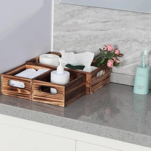 Miniatura 4 de PHOENANCEE Juego de 3 cajas de madera apilables decorativas de madera para exhibición de almacenamiento, cesta rústica para decoración del hogar