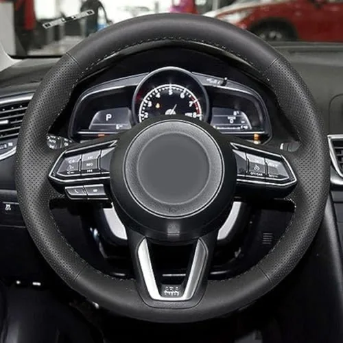 Funda de volante de costura a mano para Mazda CX-3 CX3 CX-5 CX5 2017 2018, hilo negro transpirable antideslizante cubierta de volante de cuero
