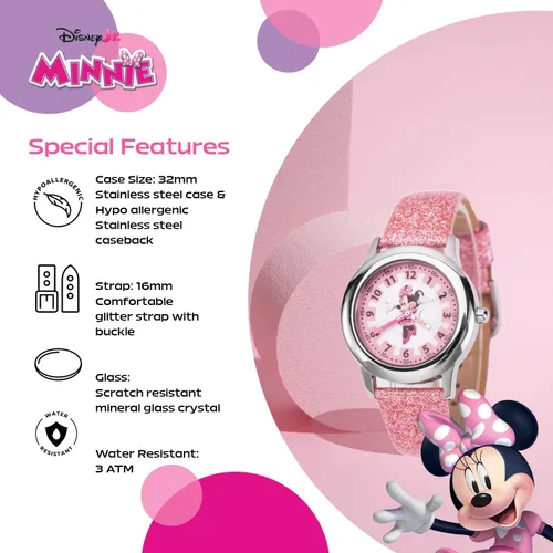 Miniatura 10 de Disney Minnie Mouse Watch for Girls – Cute Minnie Watch for Kids 3-5 with Stainless Steel Bezel & Pink Leather Strap – Adorable Mouse Watches