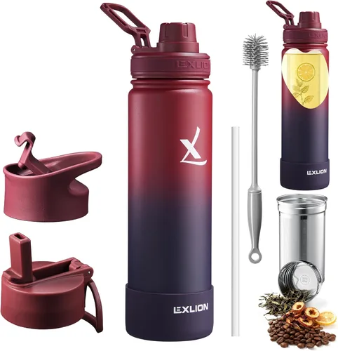 Miniatura 23 de Lexlion Botella de Agua con Infusor de Té 32 Oz – Termo de Acero Inoxidable con Triple Pared Aislada, Colador para Hojas Sueltas y Frutas, 3 Tapas a