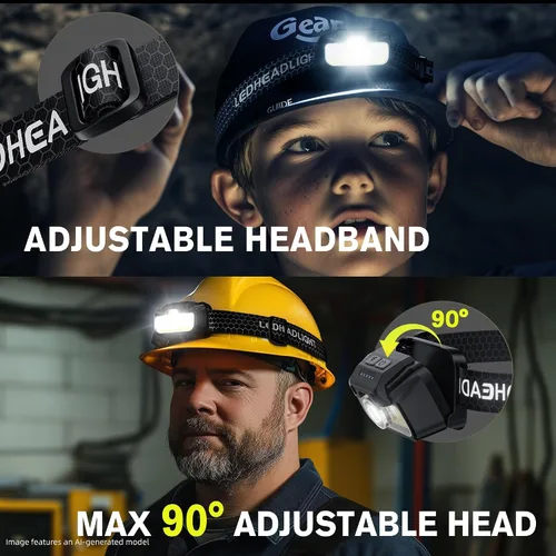 Miniatura 4 de Favorlite - Paquete de 2 faros recargables, 1300LM LED con luz roja y verde, 7 modos, ajuste de memoria, control de gestos, tipo C, resistente al
