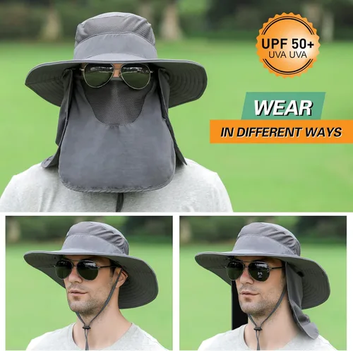 Miniatura 6 de Sombrero de pesca para hombres y mujeres, sombrero de ala ancha con solapa desmontable para el cuello y cubierta facial
