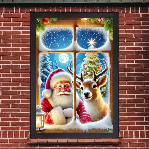 Miniatura 5 de BlissYard Cubierta de ventana de Navidad de 31 x 47 pulgadas, Papá Noel y reno, escena de nieve de invierno, decoración de vacaciones, fondo festivo