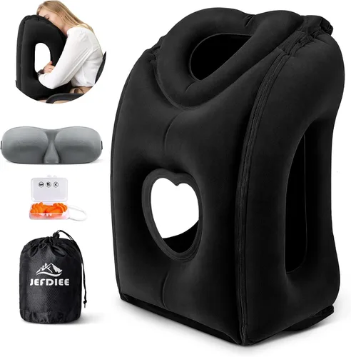 Miniatura 10 de almohada de viaje inflable, almohada para el cuello de avión que apoya cómodamente la cabeza y la barbilla para aviones, trenes, autos, siestas