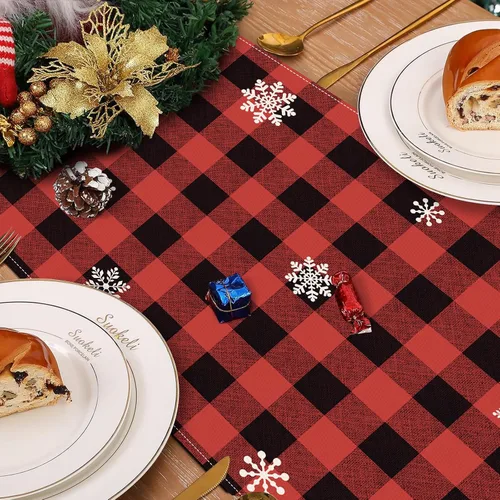 Miniatura 5 de Bonhause - Camino de mesa a cuadros de árboles de Navidad de búfalo, camino de mesa de reno de cuadros de búfalo rojo y negro para decoración