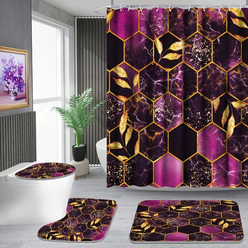 Miniatura 17 de Poedist Juego de 4 cortinas de ducha de baño, juegos de baño con alfombras (tapete de baño, forma de U y tapa de inodoro) y 12 ganchos, mármol