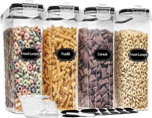 PRAKI Juego de recipientes de cereales (4 L, 135.2 onzas), 4 recipientes herméticos para almacenamiento de alimentos con boquilla para cocina y